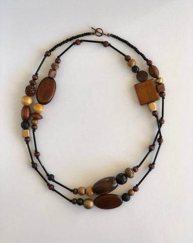 Black, Brown Wood and Metals Necklace