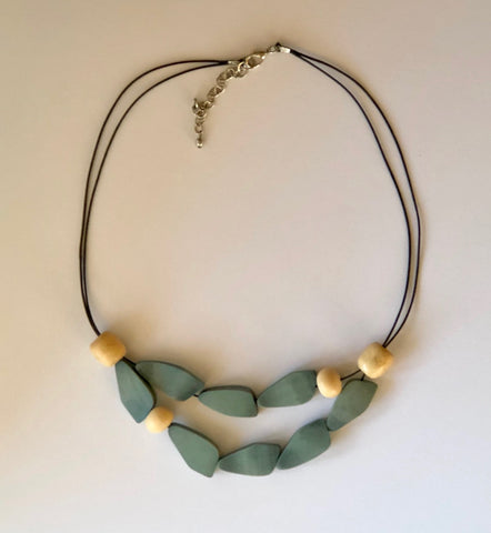 Blue-Grey and Bone Wood Necklace