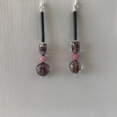 Dusty Pink, Black Glass and Silver Highlight Earrings