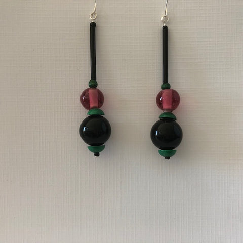 Black, Dusty Pink and Emerald Green Earrings