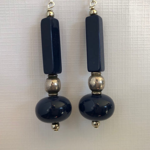 Navy Blue and Silver-Toned Antique Bead Earrings