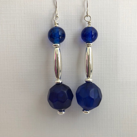 Navy and Silver-Toned Earrings