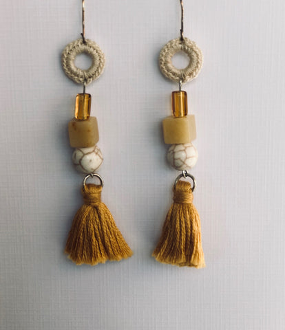 Crocheted Gold Tassel Earrings