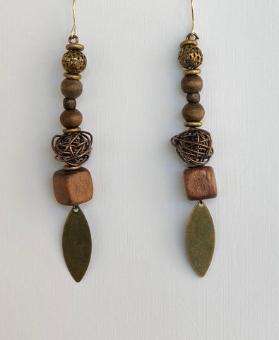 Brass Leaf and Wood Earrings